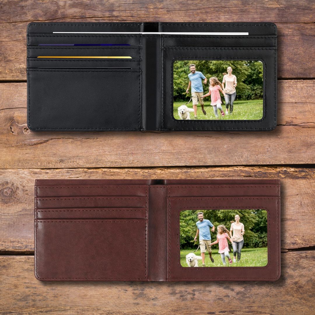 Inside Customizable black and brown bifold men’s wallet, featuring a personal photo or design on the front, capable of holding over five cards, displayed against a wood background