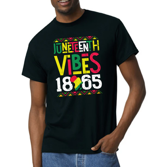 Image of a unisex black t-shirt displaying the design ‘Juneteenth Vibes 1865’ with the silhouette of Africa. The design incorporates the vibrant red, green, and yellow colors symbolizing African American history and the celebration of Juneteenth. This striking tee is ideal for anyone celebrating this important date in history, offering a stylish way to express cultural pride and remembrance.