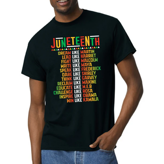 Image of a unisex black t-shirt showcasing the word ‘Juneteenth’ at the center, surrounded by the names of key African-American historical figures like Martin Luther King Jr., Harriet Tubman, Malcolm X, Maya Angelou, and others. Each name is printed in bold white letters, creating a striking contrast against the black fabric, symbolizing remembrance and honor for their contributions to Black history and the pursuit of freedom