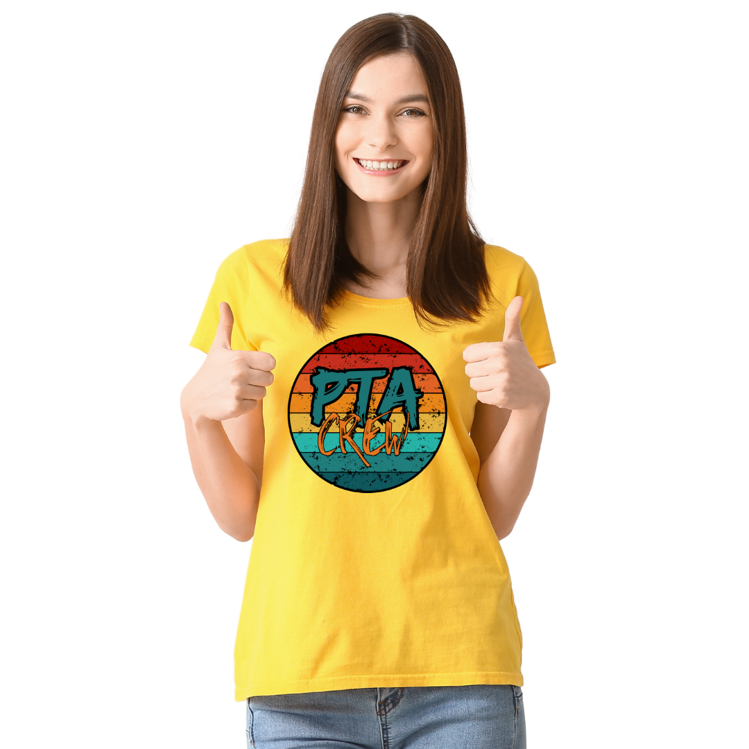 Unisex PTA Crew T-Shirt with a colorful grunge design and 'PTA Crew' lettering, available in various sizes and shirt colors