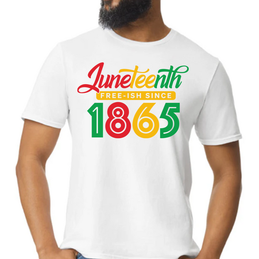 Image of unisex t-shirts in white and black, featuring the design ‘Juneteenth, Free-ish, 1865’ in bold lettering. The shirts highlight the red, yellow, and green colors of African heritage, symbolizing the celebration and ongoing struggle for freedom. This design offers a meaningful way to commemorate Juneteenth, suitable for anyone looking to honor this significant day in African American history.