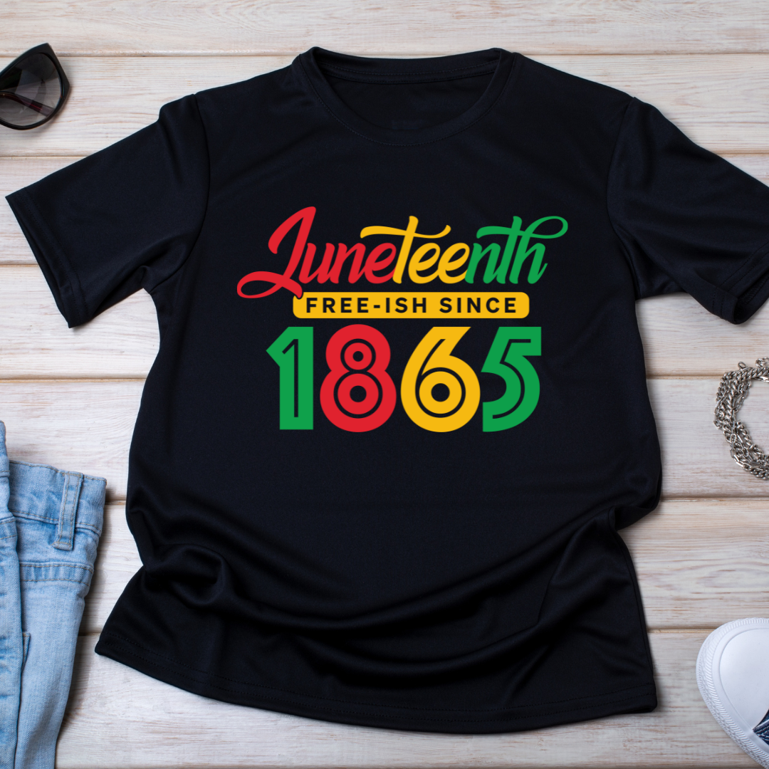 Image of unisex t-shirts in white and black, featuring the design ‘Juneteenth, Free-ish, 1865’ in bold lettering. The shirts highlight the red, yellow, and green colors of African heritage, symbolizing the celebration and ongoing struggle for freedom. This design offers a meaningful way to commemorate Juneteenth, suitable for anyone looking to honor this significant day in African American history.