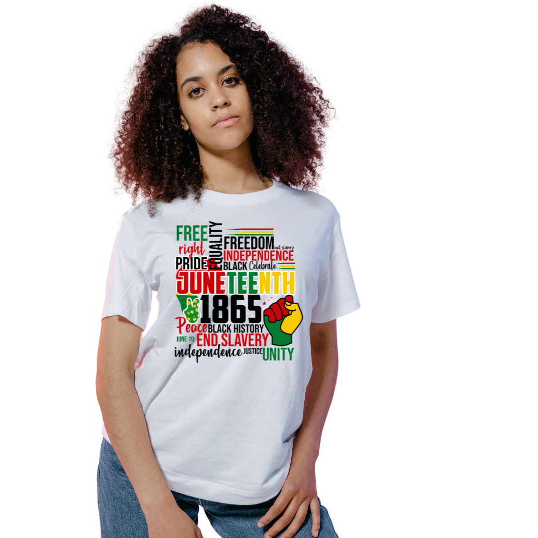 Image of a unisex white t-shirt featuring a vibrant collage of words related to Juneteenth, including ‘Freedom,’ ‘Right,’ ‘Pride,’ ‘Equality,’ ‘Independence,’ ‘Slavery,’ and ‘Unity,’ each highlighted in the red, yellow, and green colors of African heritage. This design symbolically represents the celebration and remembrance of Juneteenth 1865, making it a meaningful and powerful garment for any cultural celebration or everyday expression of pride and reflection.