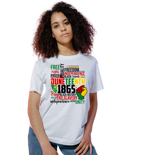 Image of a unisex white t-shirt featuring a vibrant collage of words related to Juneteenth, including ‘Freedom,’ ‘Right,’ ‘Pride,’ ‘Equality,’ ‘Independence,’ ‘Slavery,’ and ‘Unity,’ each highlighted in the red, yellow, and green colors of African heritage. This design symbolically represents the celebration and remembrance of Juneteenth 1865, making it a meaningful and powerful garment for any cultural celebration or everyday expression of pride and reflection.