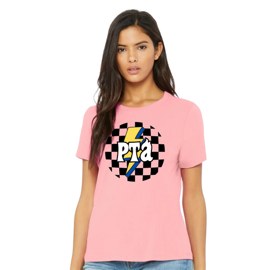 Unisex PTA T-Shirt with a checkered background, lightning bulb design, and 'PTA' lettering in the center, available in various sizes and shirt colors