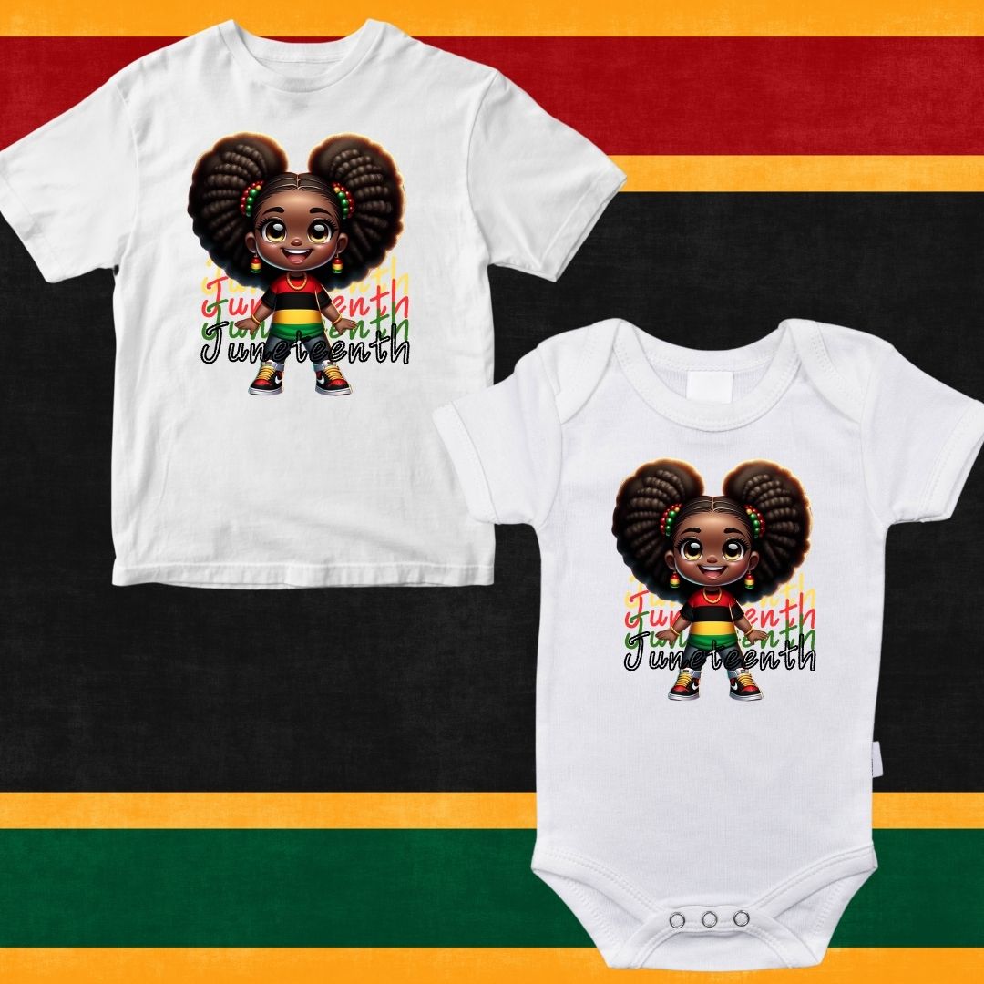 Animated design of joyful African-American children wearing t-shirts in Juneteenth colors of yellow, black, red, and green, celebrating with happy expressions. Perfect for representing cultural pride and joy during Juneteenth celebrations.
