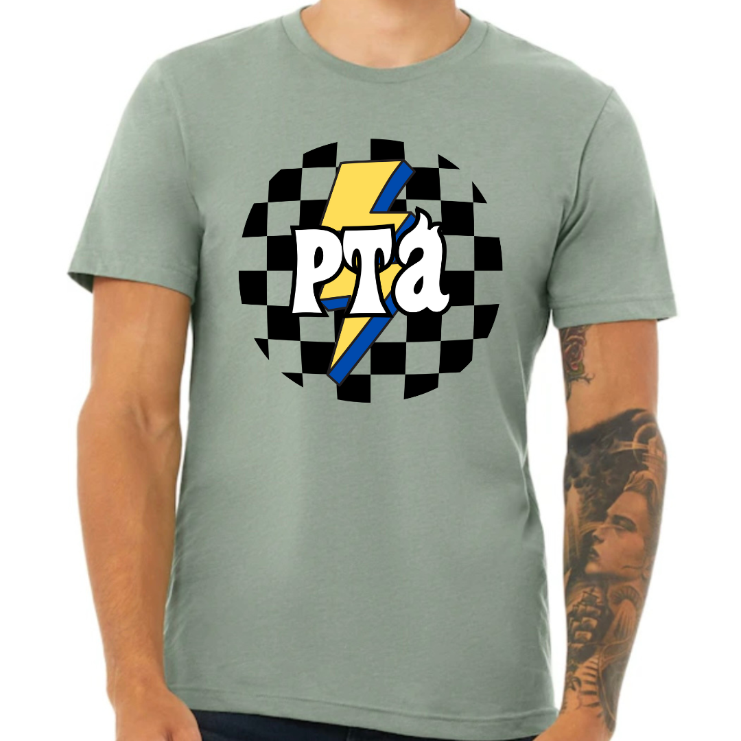 Unisex PTA T-Shirt with a checkered background, lightning bulb design, and 'PTA' lettering in the center, available in various sizes and shirt colors