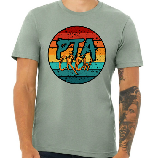 Unisex PTA Crew T-Shirt with a colorful grunge design and 'PTA Crew' lettering, available in various sizes and shirt colors