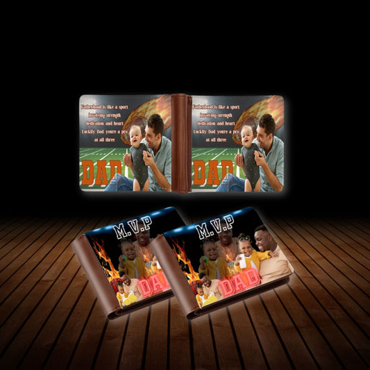 Customizable brown bifold men’s wallet, featuring a personal photo or design on the front, capable of holding over five cards, displayed against a wood background