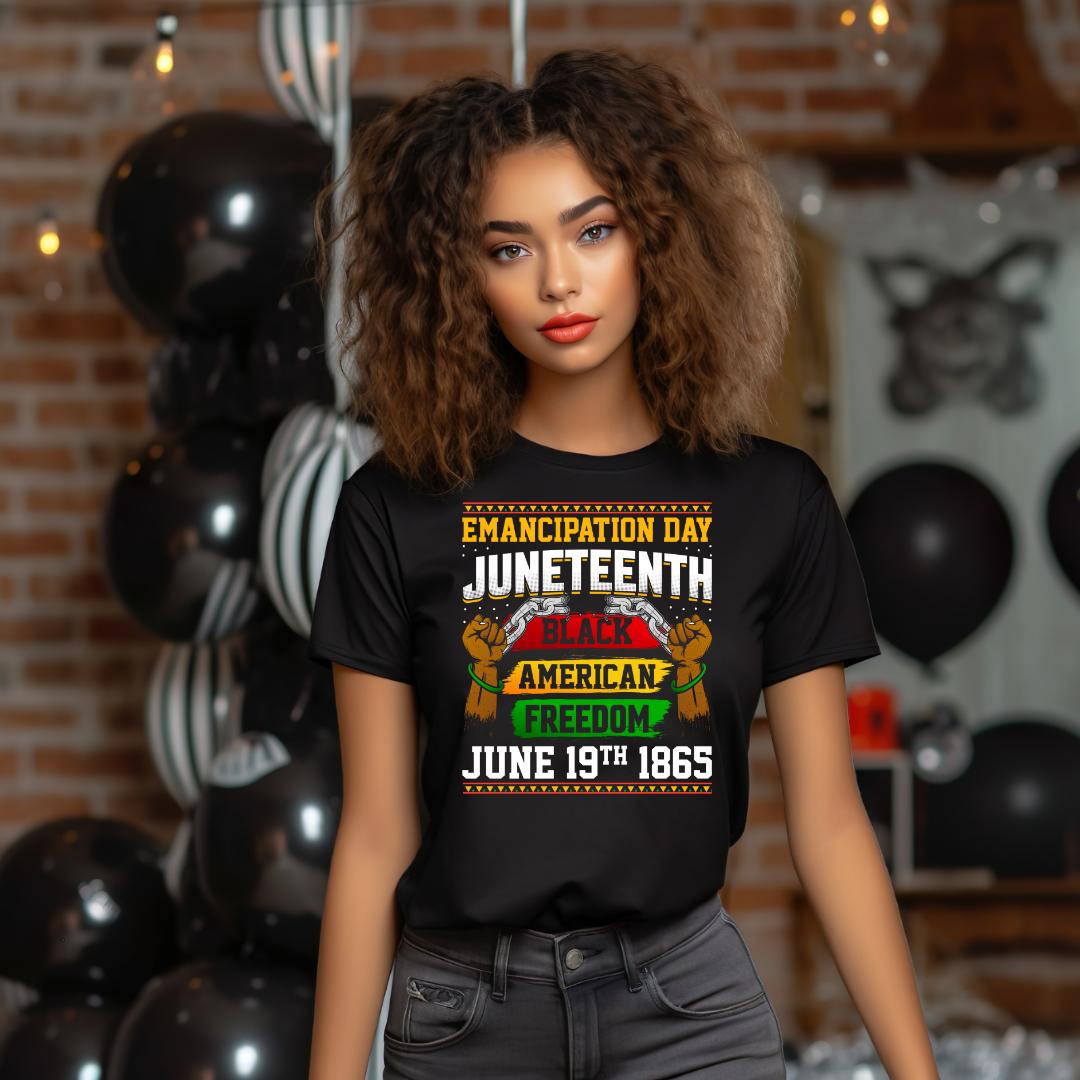 Image of a unisex black t-shirt with the inscription ‘Emancipation Day Juneteenth Black American Freedom, June 19th 1865’ displayed in bold letters. The shirt highlights Juneteenth colors—red, green, and yellow—symbolizing the rich history and celebration of African American freedom. This commemorative design is both a tribute and a statement, ideal for anyone looking to honor this significant day in American history.