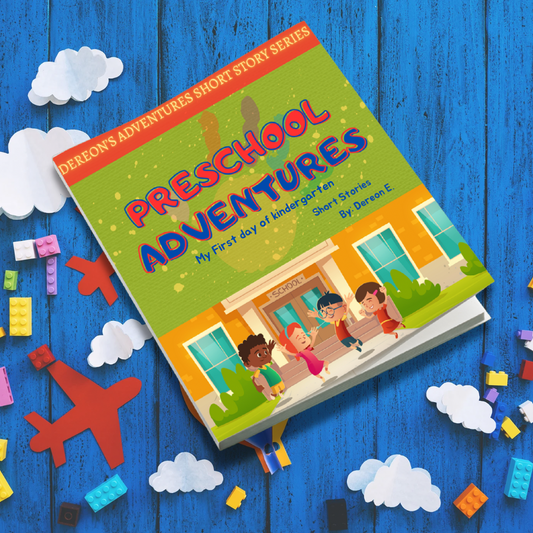 A colorful cartoon illustration of happy kindergarten children of all races walking into a welcoming school building with their backpacks, excited for their first day of kindergarten. Bright, friendly, and inviting cover for the book My First Day of Kindergarten by Dereon.