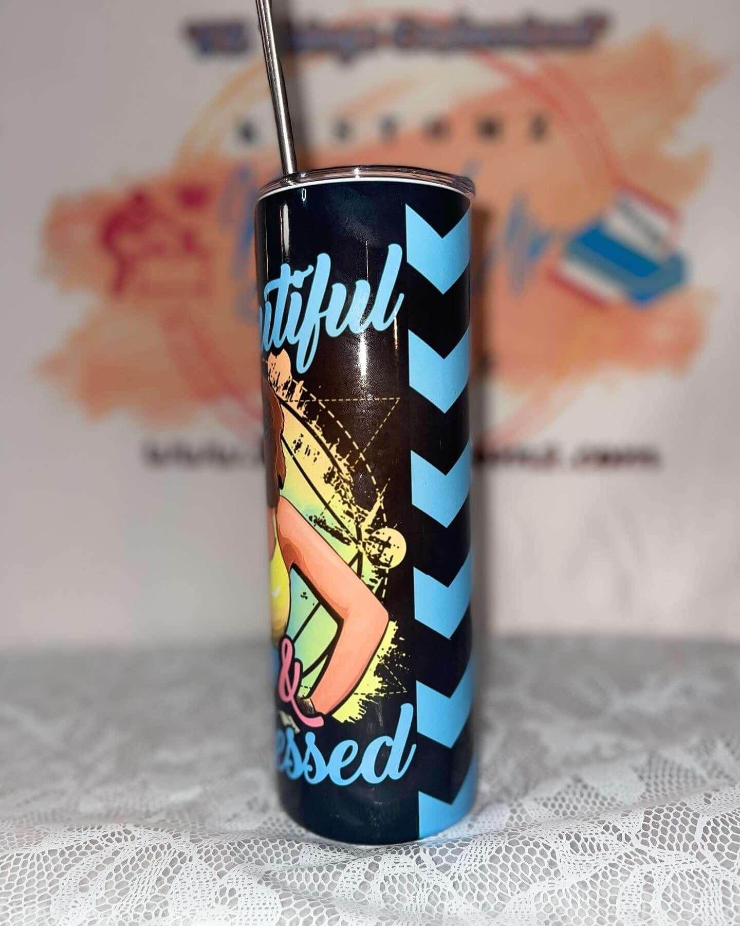 Black Beautiful Blessed (blue chevron) Tumbler - BozzUp Kustomz