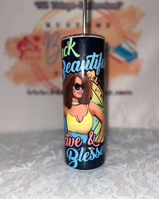 Black Beautiful Blessed (blue chevron) Tumbler - BozzUp Kustomz