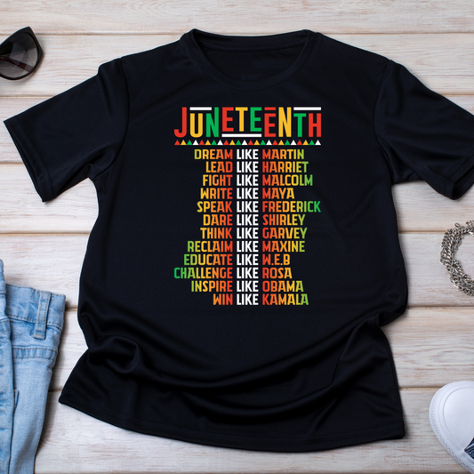 Image of a unisex black t-shirt showcasing the word ‘Juneteenth’ at the center, surrounded by the names of key African-American historical figures like Martin Luther King Jr., Harriet Tubman, Malcolm X, Maya Angelou, and others. Each name is printed in bold white letters, creating a striking contrast against the black fabric, symbolizing remembrance and honor for their contributions to Black history and the pursuit of freedom