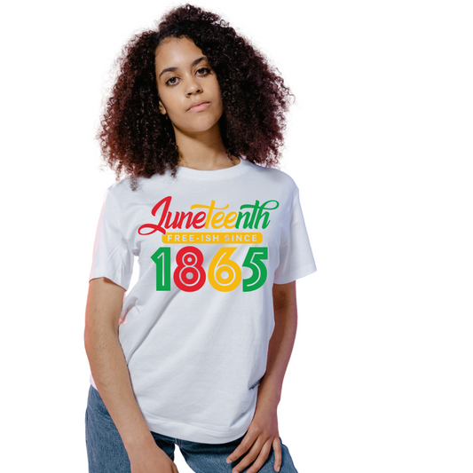 Image of unisex t-shirts in white and black, featuring the design ‘Juneteenth, Free-ish, 1865’ in bold lettering. The shirts highlight the red, yellow, and green colors of African heritage, symbolizing the celebration and ongoing struggle for freedom. This design offers a meaningful way to commemorate Juneteenth, suitable for anyone looking to honor this significant day in African American history.