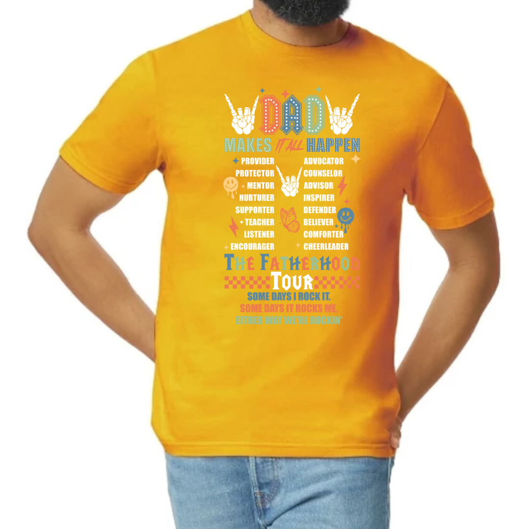 Image of a T-shirt with ‘Dads Make It All Happen’ emblazoned across the top in bold, stylish lettering. Below, the shirt lists roles like Coach, Protector, Teacher, and Hero, as part of a ‘Fatherhood Tour’ motif, symbolizing the diverse roles dads play. The T-shirt is available in three colors: black, yellow, and gray, displayed side by side to show variety. Ideal for celebrating the everyday heroes that are dads.