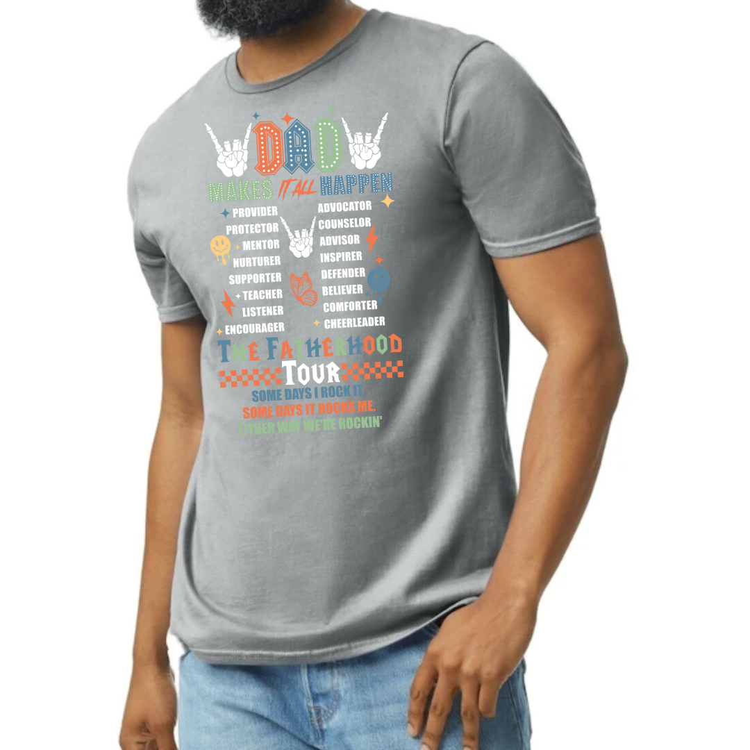 Image of a T-shirt with ‘Dads Make It All Happen’ emblazoned across the top in bold, stylish lettering. Below, the shirt lists roles like Coach, Protector, Teacher, and Hero, as part of a ‘Fatherhood Tour’ motif, symbolizing the diverse roles dads play. The T-shirt is available in three colors: black, yellow, and gray, displayed side by side to show variety. Ideal for celebrating the everyday heroes that are dads.