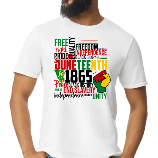 Image of a unisex white t-shirt featuring a vibrant collage of words related to Juneteenth, including ‘Freedom,’ ‘Right,’ ‘Pride,’ ‘Equality,’ ‘Independence,’ ‘Slavery,’ and ‘Unity,’ each highlighted in the red, yellow, and green colors of African heritage. This design symbolically represents the celebration and remembrance of Juneteenth 1865, making it a meaningful and powerful garment for any cultural celebration or everyday expression of pride and reflection.