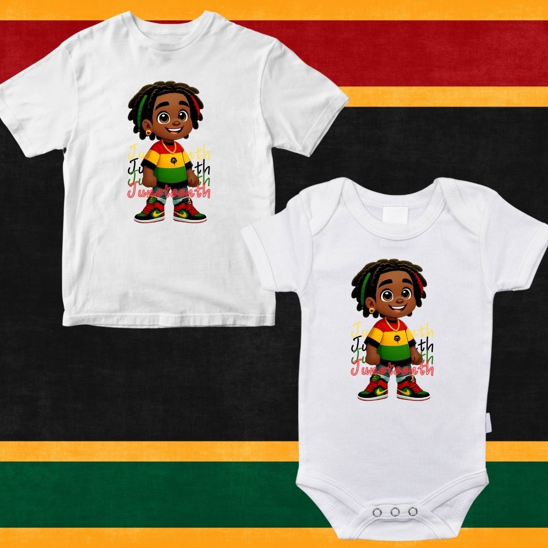 Animated design of joyful African-American children wearing t-shirts in Juneteenth colors of yellow, black, red, and green, celebrating with happy expressions. Perfect for representing cultural pride and joy during Juneteenth celebrations.