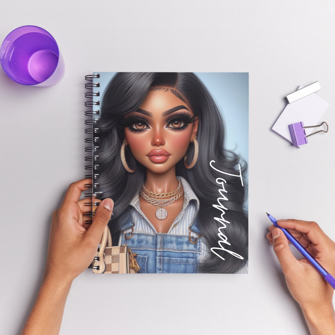 Handmade semi-hardcover journal from the Hey Girls Journal Collection featuring an image of glamorous girls from different ethnicities, with 100-line pages for journaling, measuring 7x10 inches.