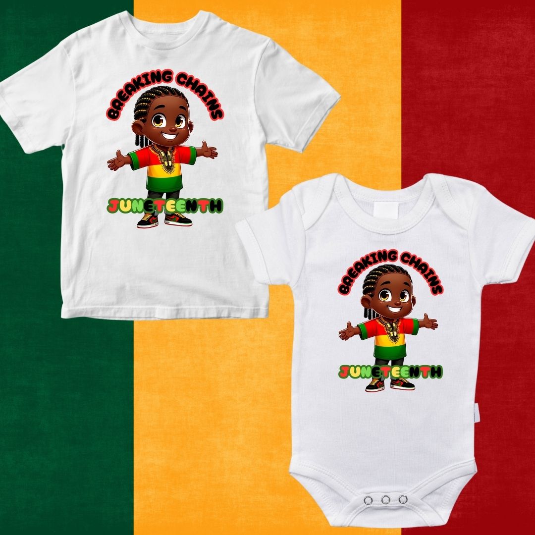 Animated design of joyful African-American children wearing t-shirts in Juneteenth colors of yellow, black, red, and green, celebrating with happy expressions. Perfect for representing cultural pride and joy during Juneteenth celebrations.