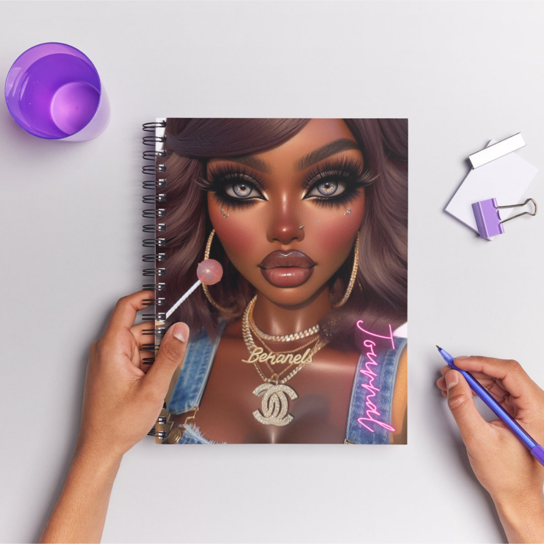 Handmade semi-hardcover journal from the Hey Girls Journal Collection featuring an image of glamorous girls from different ethnicities, with 100-line pages for journaling, measuring 7x10 inches.