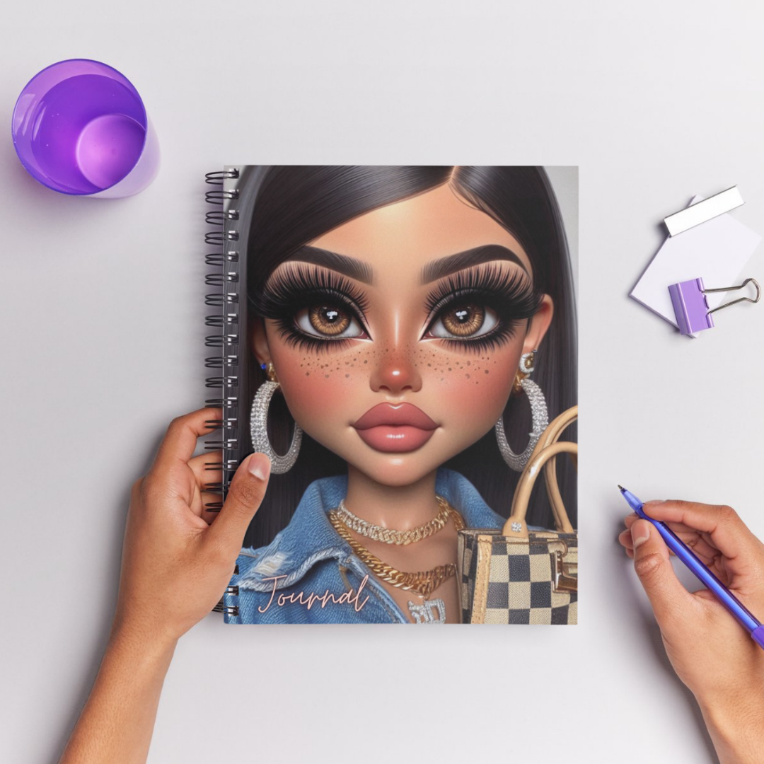 Handmade semi-hardcover journal from the Hey Girls Journal Collection featuring an image of glamorous girls from different ethnicities, with 100-line pages for journaling, measuring 7x10 inches.