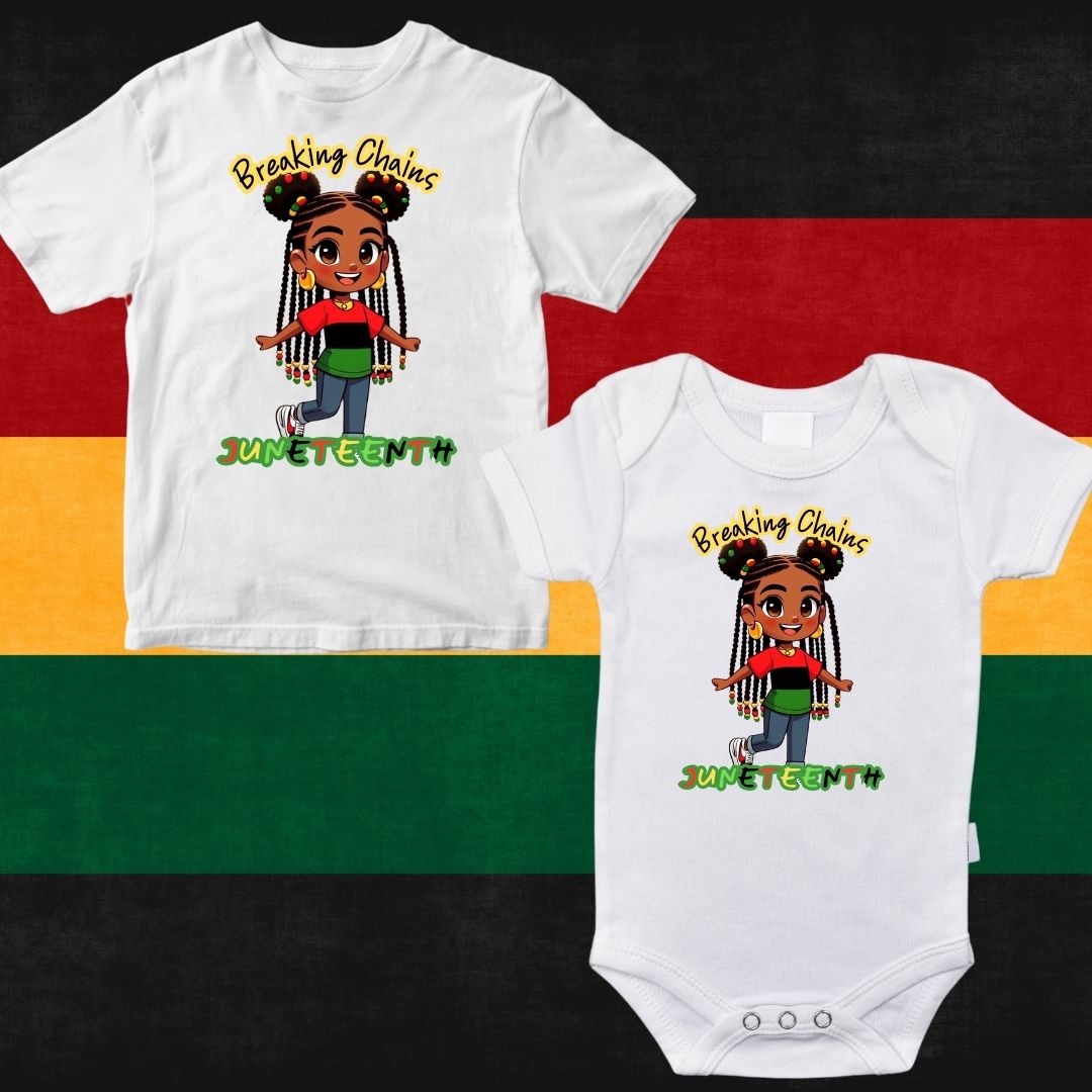 Animated design of joyful African-American children wearing t-shirts in Juneteenth colors of yellow, black, red, and green, celebrating with happy expressions. Perfect for representing cultural pride and joy during Juneteenth celebrations.