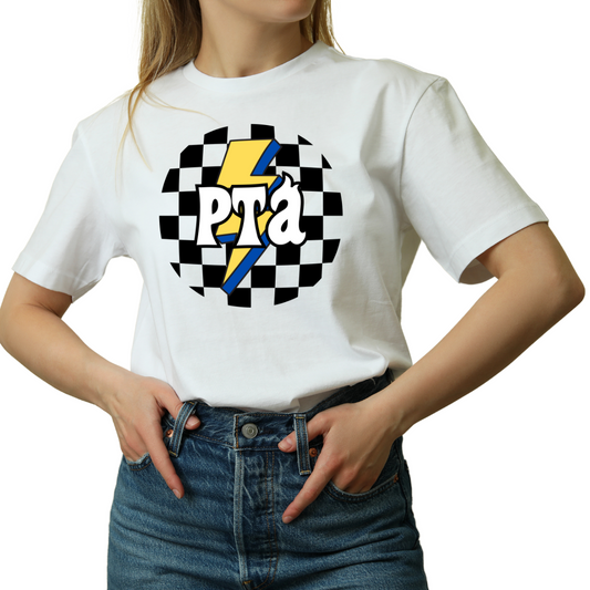 Unisex PTA T-Shirt with a checkered background, lightning bulb design, and 'PTA' lettering in the center, available in various sizes and shirt colors