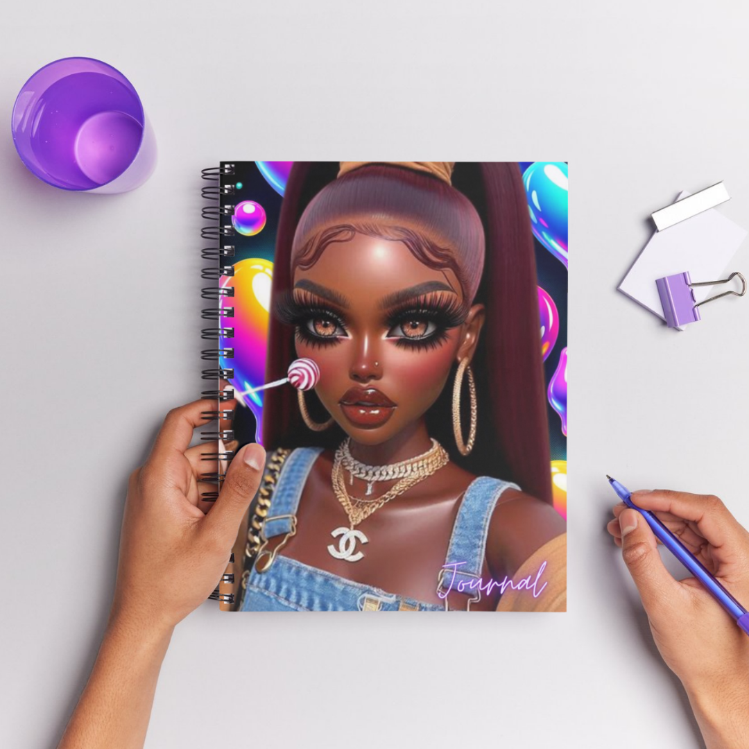 Handmade semi-hardcover journal from the Hey Girls Journal Collection featuring an image of glamorous girls from different ethnicities, with 100-line pages for journaling, measuring 7x10 inches.