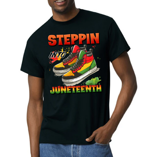 Stepping Into Juneteenth” Sneaker Design T-Shirt - Celebratory Men's Black Tee