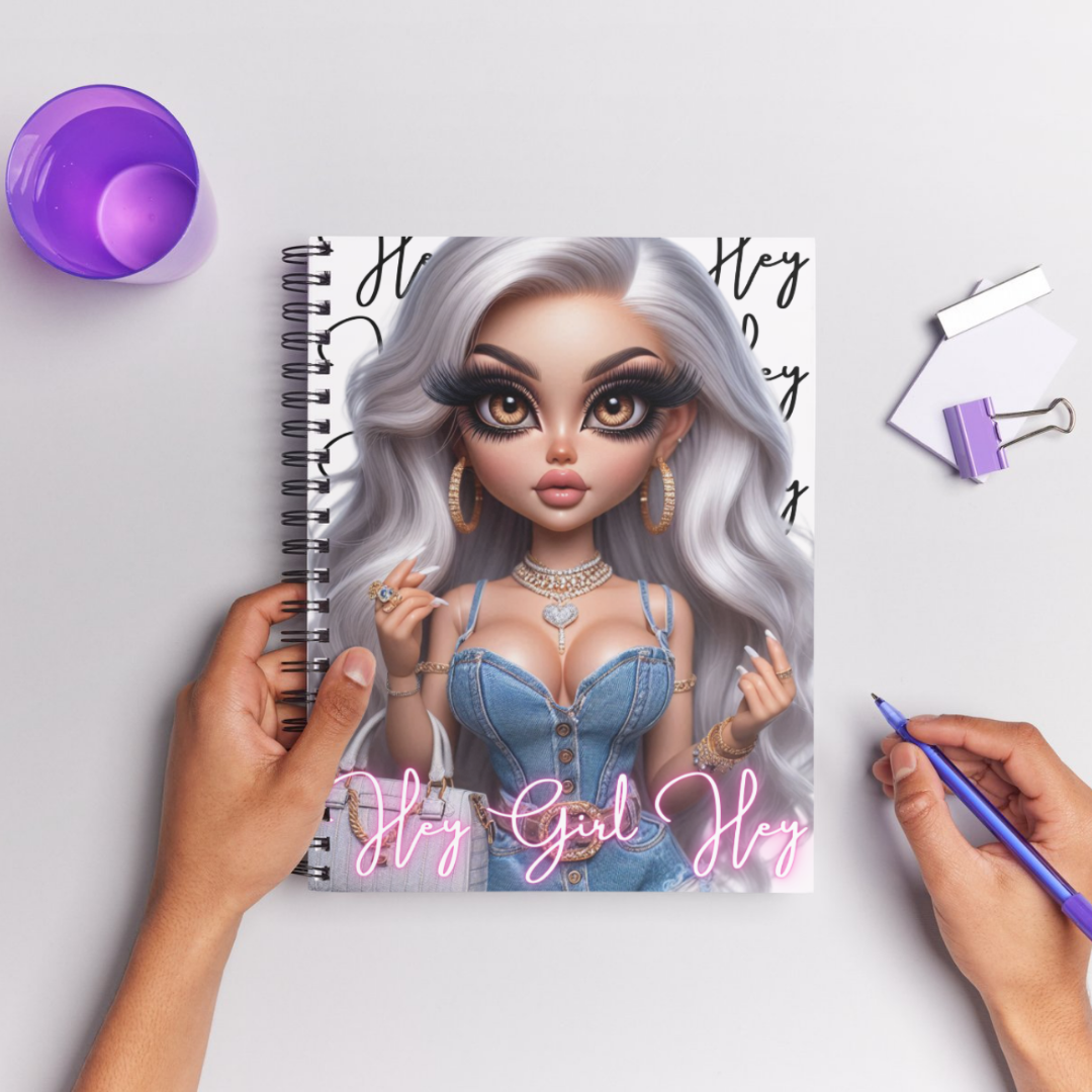 Handmade semi-hardcover journal from the Hey Girls Journal Collection featuring an image of glamorous girls from different ethnicities, with 100-line pages for journaling, measuring 7x10 inches.