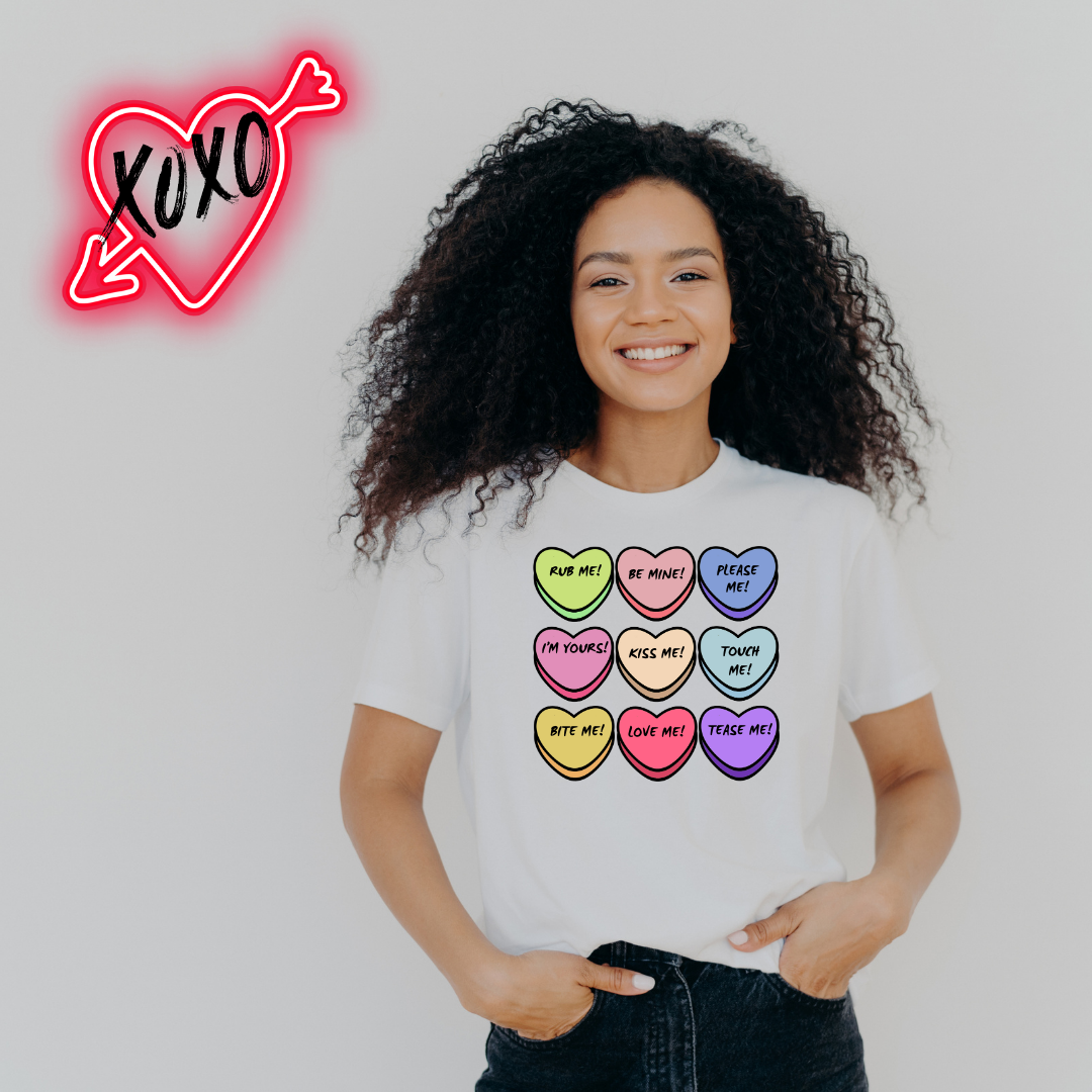 Speak Your Heart Out: Valentine’s Day Themed Conversation Hearts Adult T-Shirts
