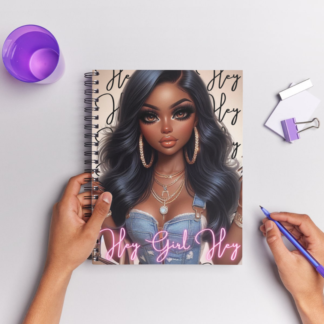 Handmade semi-hardcover journal from the Hey Girls Journal Collection featuring an image of glamorous girls from different ethnicities, with 100-line pages for journaling, measuring 7x10 inches.