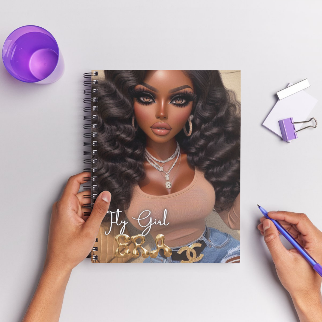 Handmade semi-hardcover journal from the Hey Girls Journal Collection featuring an image of glamorous girls from different ethnicities, with 100-line pages for journaling, measuring 7x10 inches.