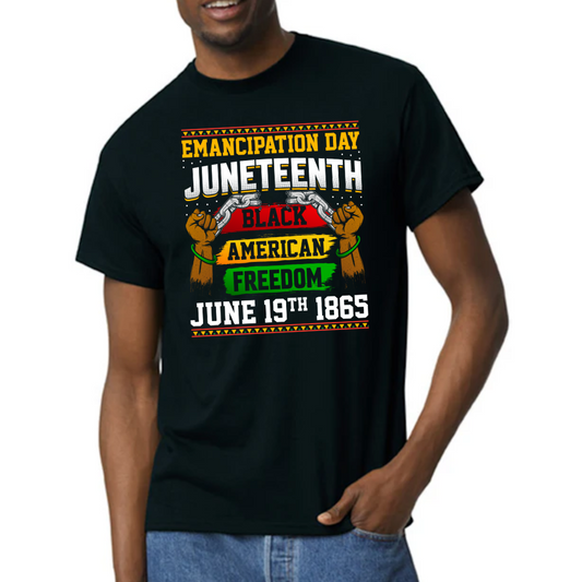 Image of a unisex black t-shirt with the inscription ‘Emancipation Day Juneteenth Black American Freedom, June 19th 1865’ displayed in bold letters. The shirt highlights Juneteenth colors—red, green, and yellow—symbolizing the rich history and celebration of African American freedom. This commemorative design is both a tribute and a statement, ideal for anyone looking to honor this significant day in American history.