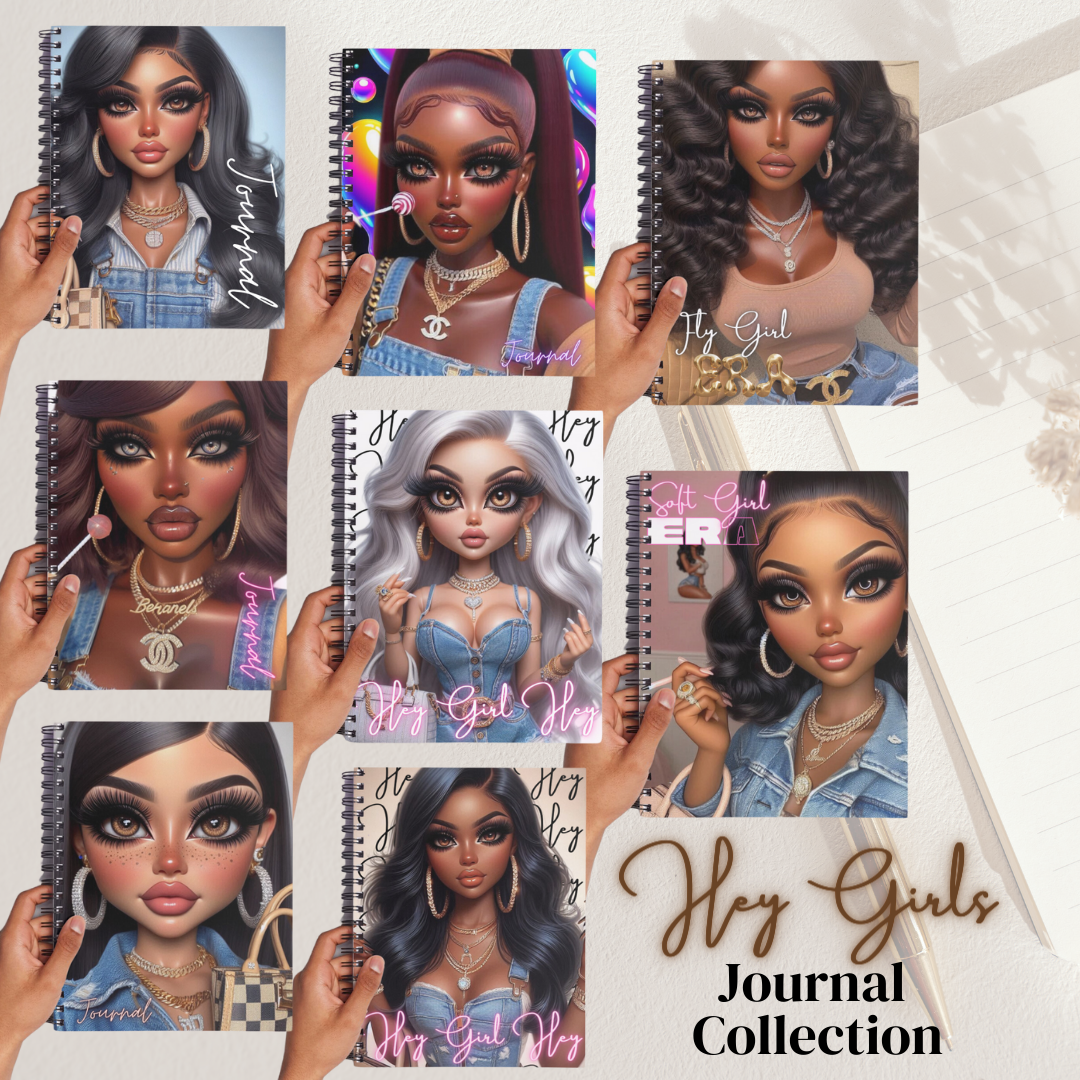 Handmade semi-hardcover journal from the Hey Girls Journal Collection featuring an image of glamorous girls from different ethnicities, with 100-line pages for journaling, measuring 7x10 inches.