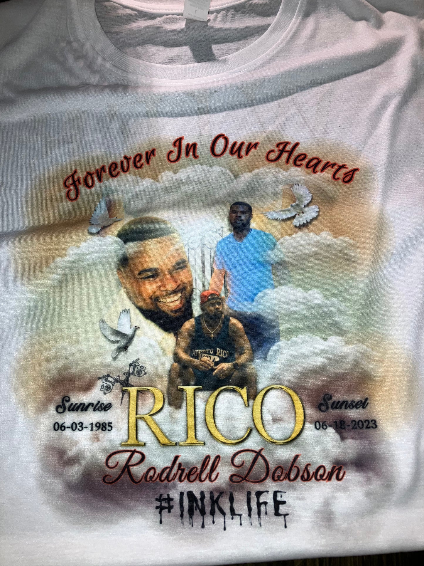 Customized Memorial Shirt - “Forever in Our Hearts” with Deceased’s Sunrise and Sunset Dates, Name, and Memorial Picture Featuring Clouds and Doves - Customizable Memorial Shirt for Loved Ones