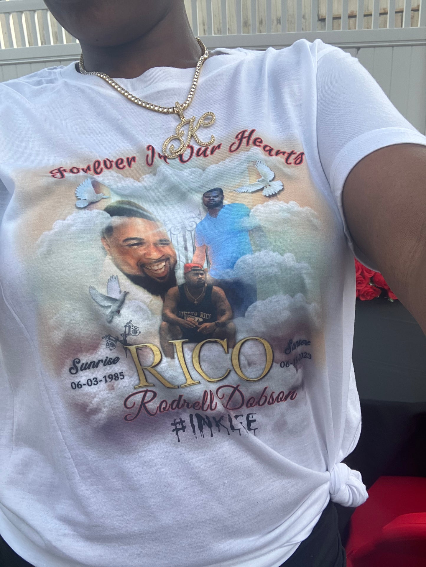 Customized Memorial Shirt - “Forever in Our Hearts” with Deceased’s Sunrise and Sunset Dates, Name, and Memorial Picture Featuring Clouds and Doves - Customizable Memorial Shirt for Loved Ones