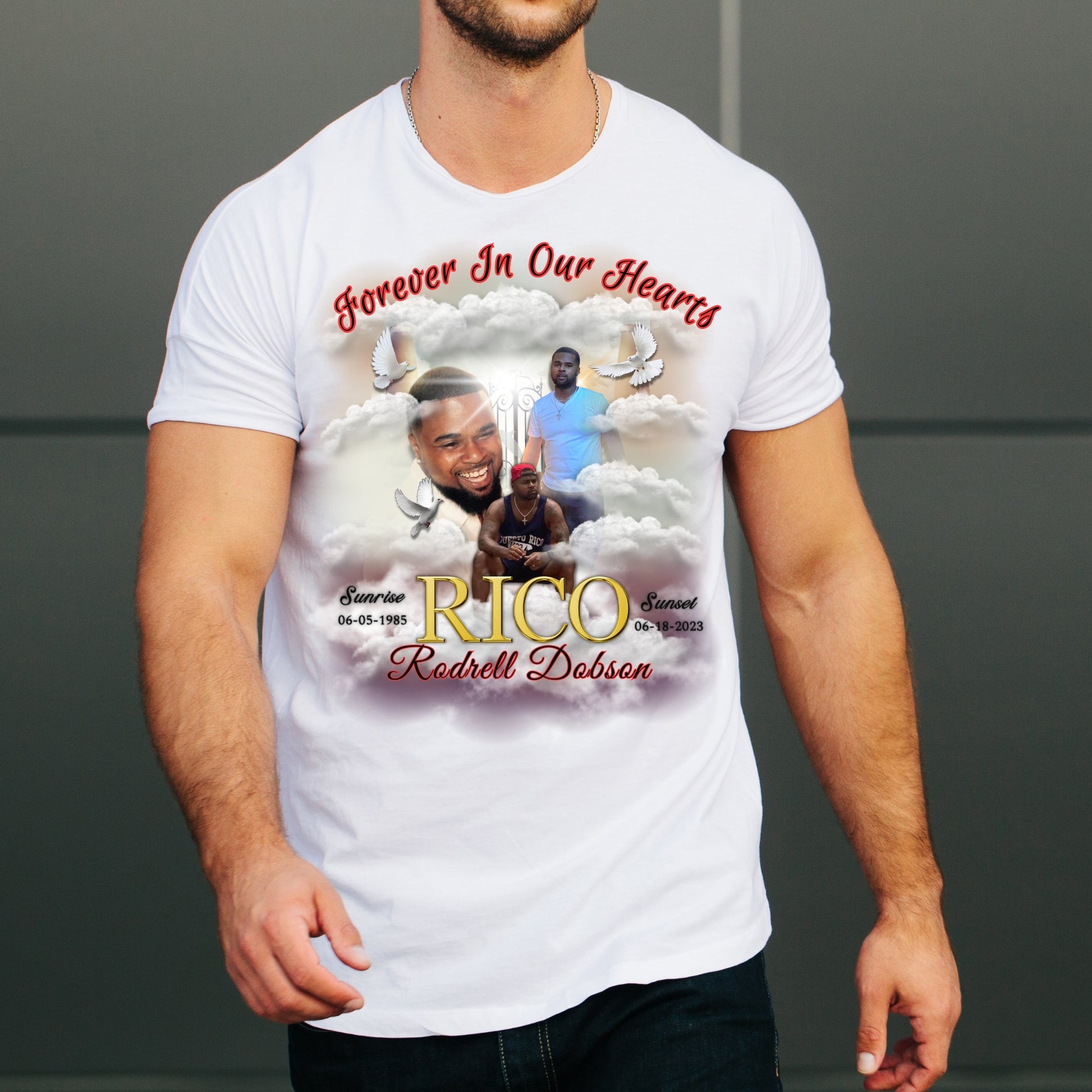 Customized Memorial Shirt - “Forever in Our Hearts” with Deceased’s Sunrise and Sunset Dates, Name, and Memorial Picture Featuring Clouds and Doves - Customizable Memorial Shirt for Loved Ones