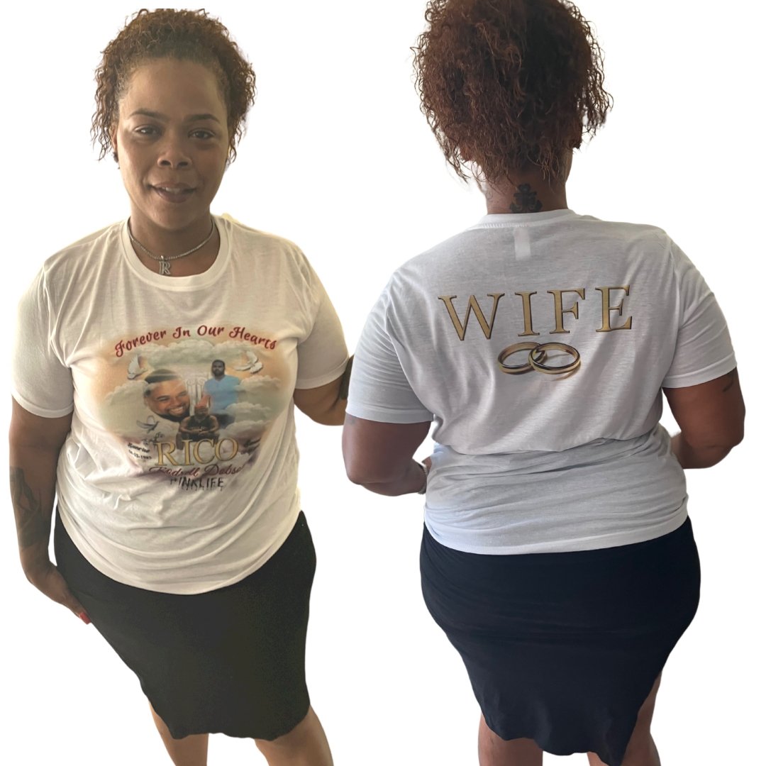 Customized Memorial Shirt - “Forever in Our Hearts” with Deceased’s Sunrise and Sunset Dates, Name, and Memorial Picture Featuring Clouds and Doves - Customizable Memorial Shirt for Loved Ones