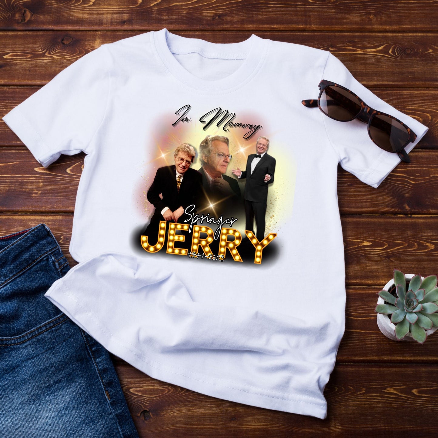 Customizable Memorial T-Shirt - "In Memory Of" with Deceased's Name and Sunset Date, Featuring Photos of the Deceased, Clouds, and Blurs in the Background