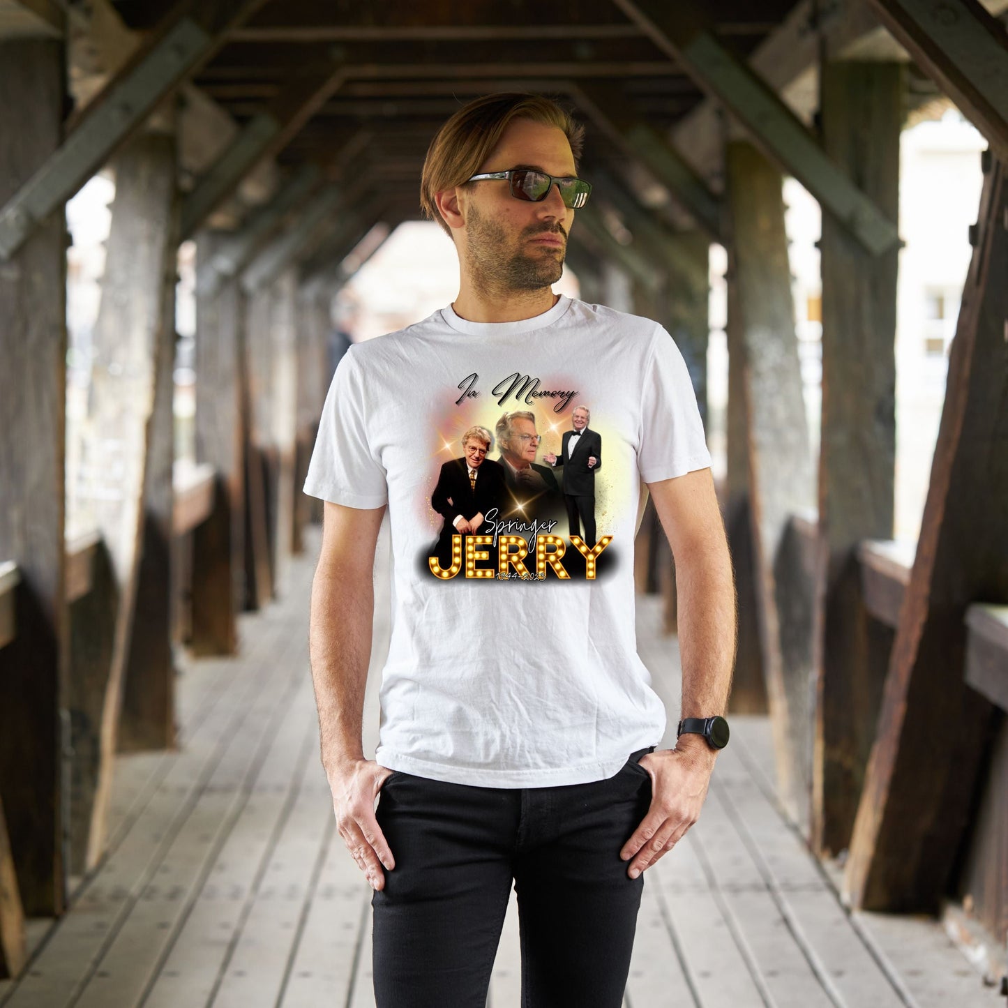 Customizable Memorial T-Shirt - "In Memory Of" with Deceased's Name and Sunset Date, Featuring Photos of the Deceased, Clouds, and Blurs in the Background